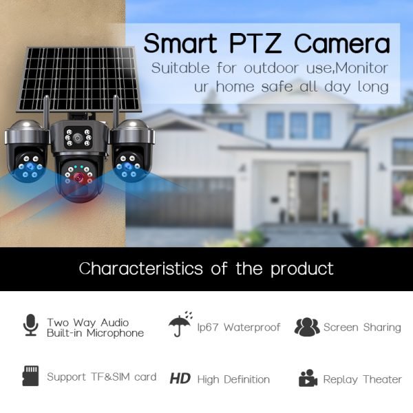 Solar 9MP 3-PTZ 3-Lens Security Camera - zero electricity cost outdoor surveillance