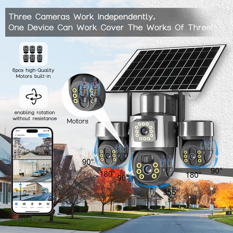 PIR Human Detection – Triple-Lens Solar PTZ Camera Motion Sensing