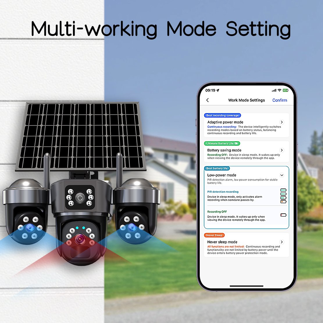 Triple-lens solar surveillance camera with AI motion detection