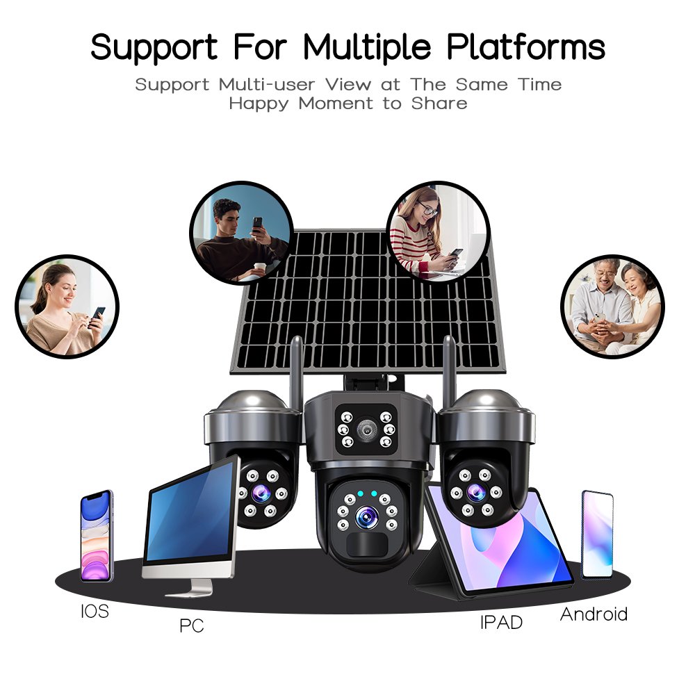 Solar-powered 3-PTZ security camera - 9MP ultra-HD day and night footage