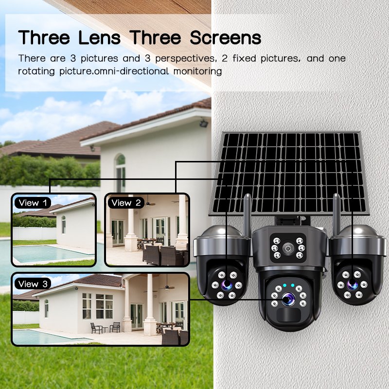 IP66 waterproof solar security camera with 3 PTZ modules and 3 lenses