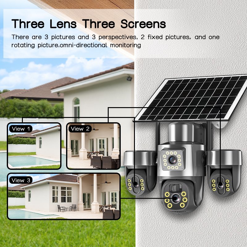 IP67 Waterproof Triple-Lens Solar PTZ Security Camera – Rain, Snow, Hot Day Protection