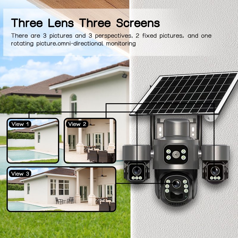 Three-lens three-screens panoramic view of solar PTZ camera