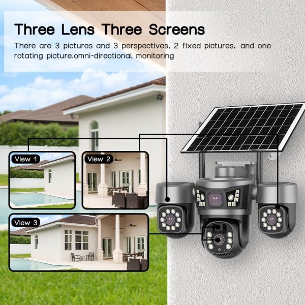 Three Lens Solar PTZ Security Camera with Triple Screen Monitoring