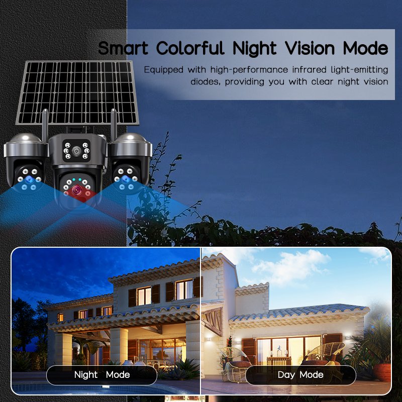 IP66 waterproof 3-PTZ 3-lens solar camera for construction site security
