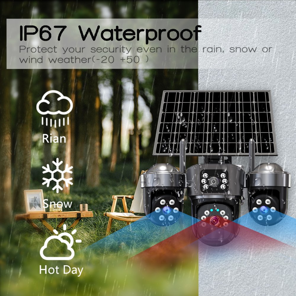 Durable Solar 9MP 3-PTZ 3-Lens Security Camera for remote areas